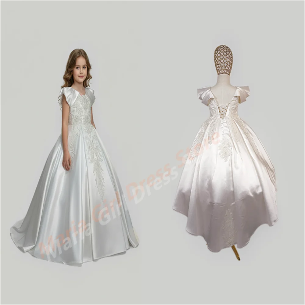Girl's Prom Dress And Wedding Satin Puffy Applique Embroidered Children's First Communion Custom Party Dress