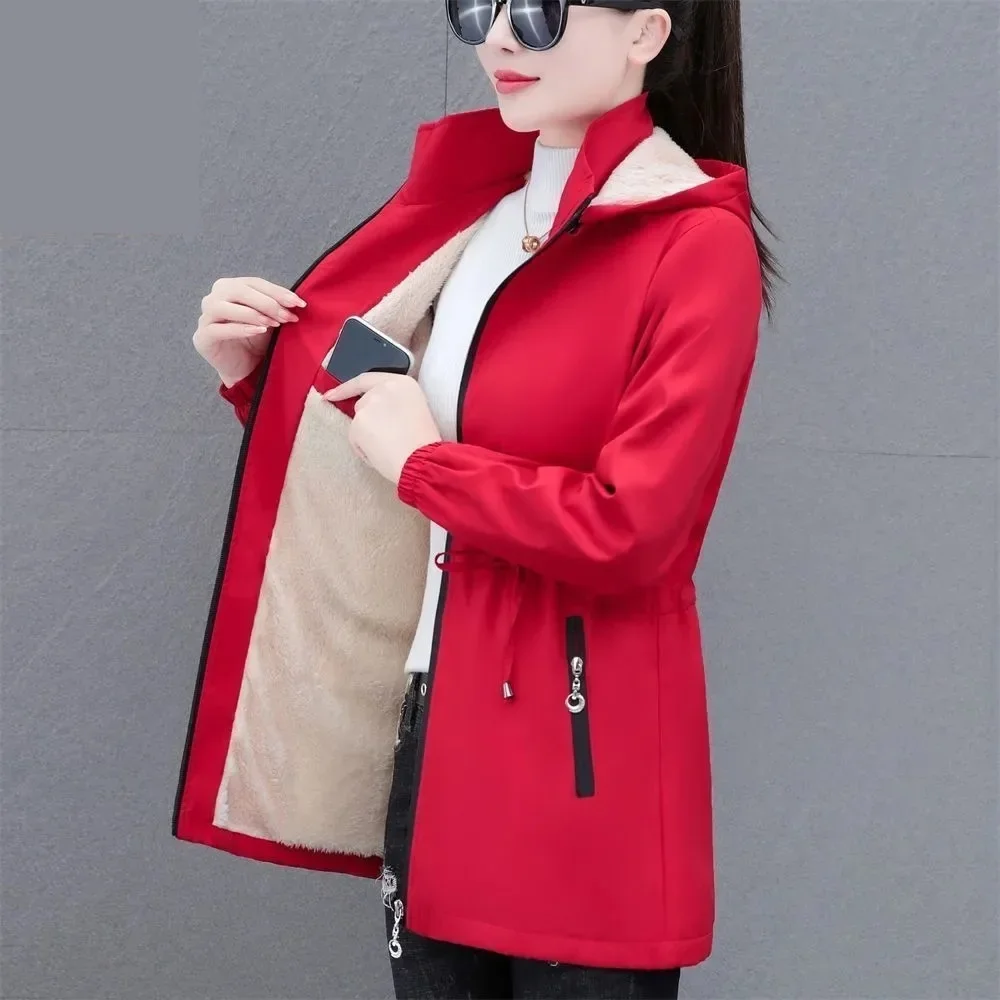 

Autumn Winter Women Windbreaker 2024 New Velvet Warm Mid Long Hooded Trench Coat Female Tops Jacket Slim Outwear 5XL A06