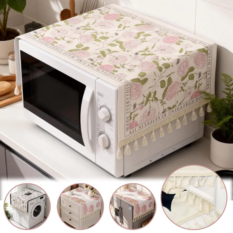 Premium Small Size Flower Print Bedroom Bedside Tablecloth Tassel Universal Dustproof Cover Cloth for Kitchen Appliances Decor