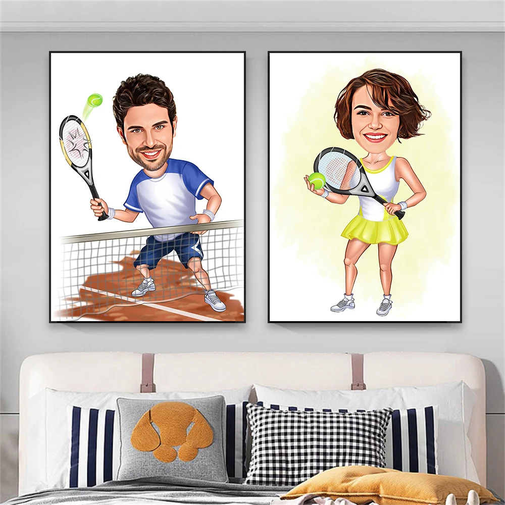 Custom Tennis Player Cartoon Portrait Poster Male Woman Cartoon Prints Personalized Inspirational Caricature Canvas Painting