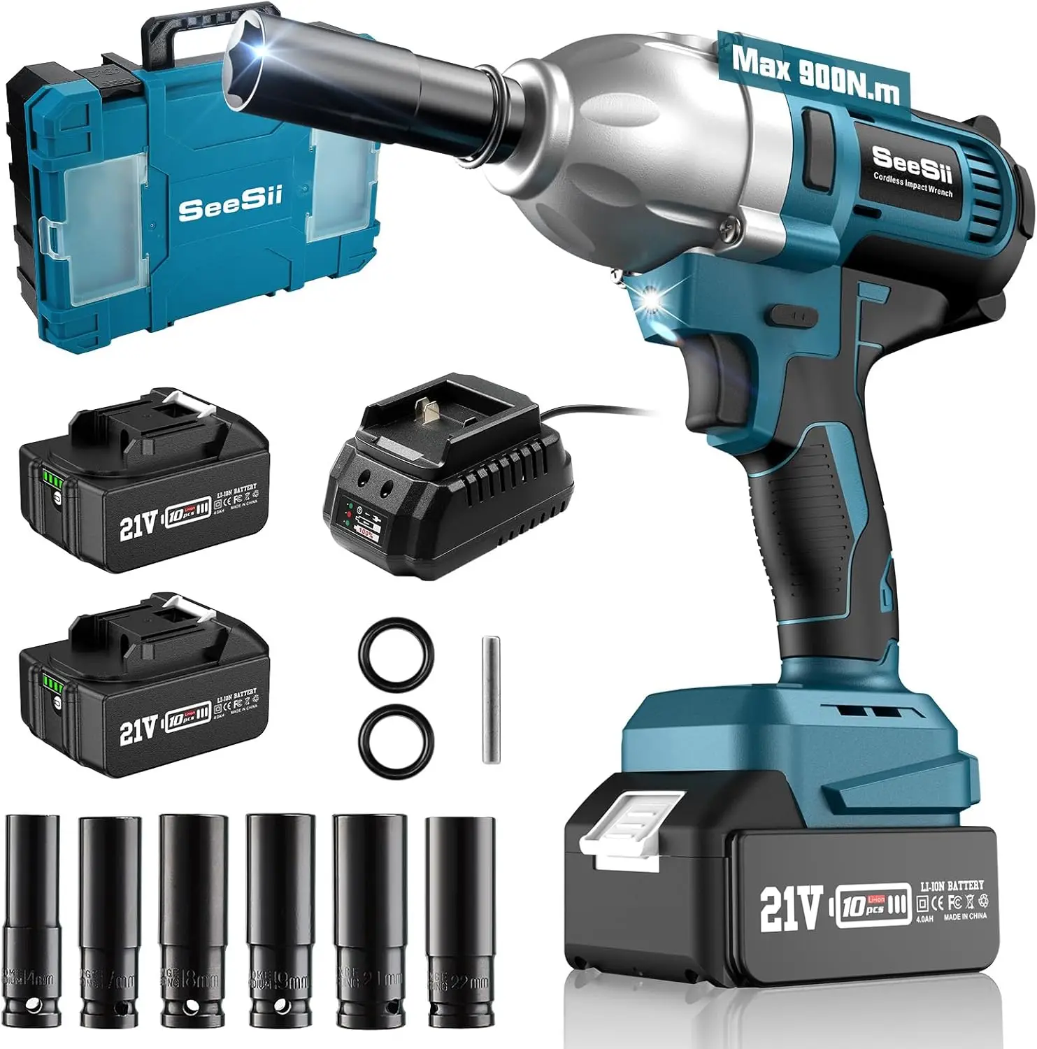 Seesii WH710 Cordless Electric Impact Wrench 665Ft-lbs(900N.m) Brushless Wrench 3300RPM High Torque Gun Charger & 6 Sockets