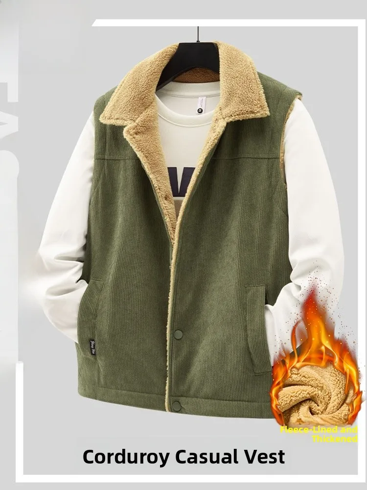 

Thickened Corduroy Men's Vest Winter Fashion Outerwear Lamb Velvet Sleeveless Warm Coat Youth Casual Urban Style Double Button