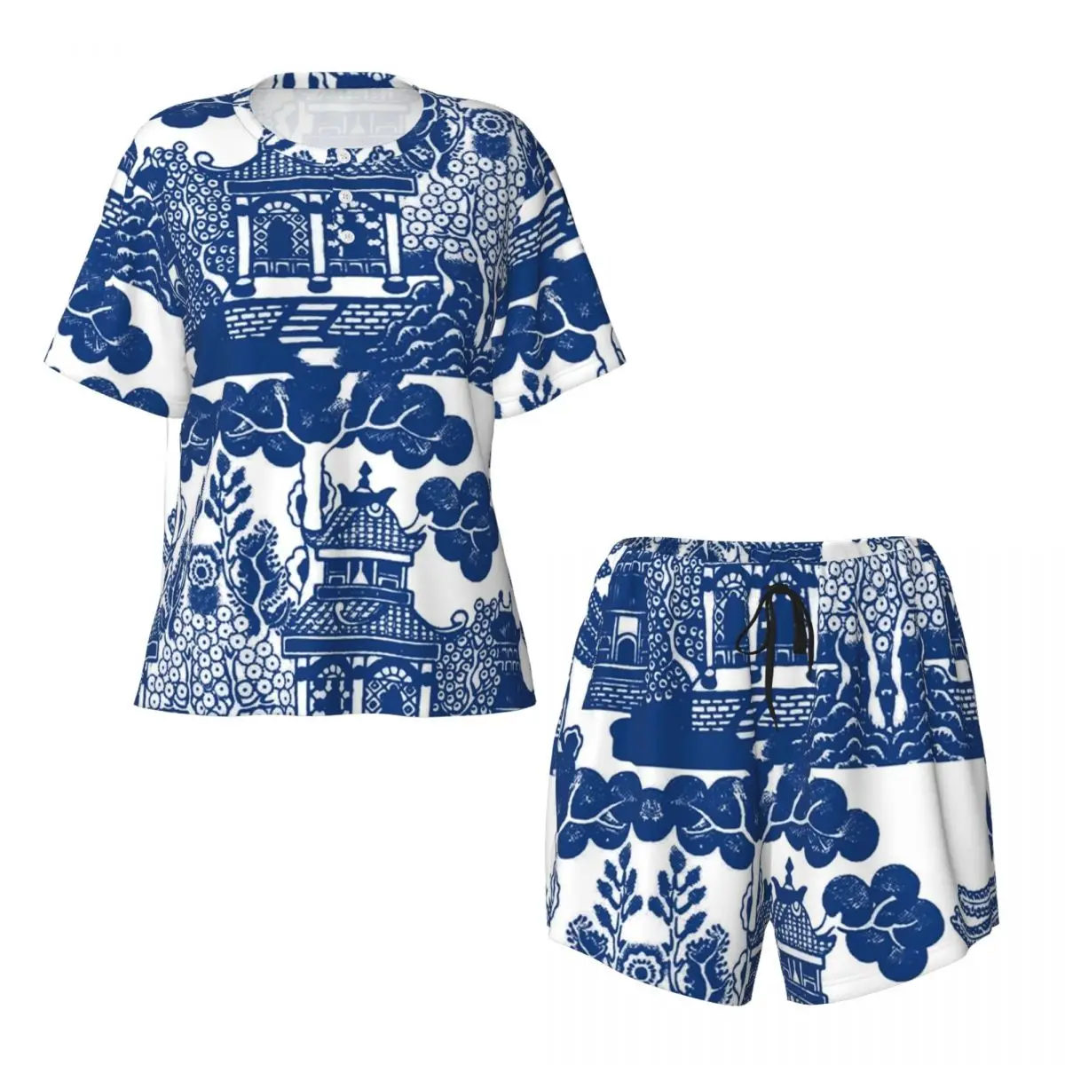 

Ночная рубашка Blue Willow Chinoiserie 60x90 с круглым вырезом и короткими рукавами для сна, женский свободный пижамный комплект с короткими штанами