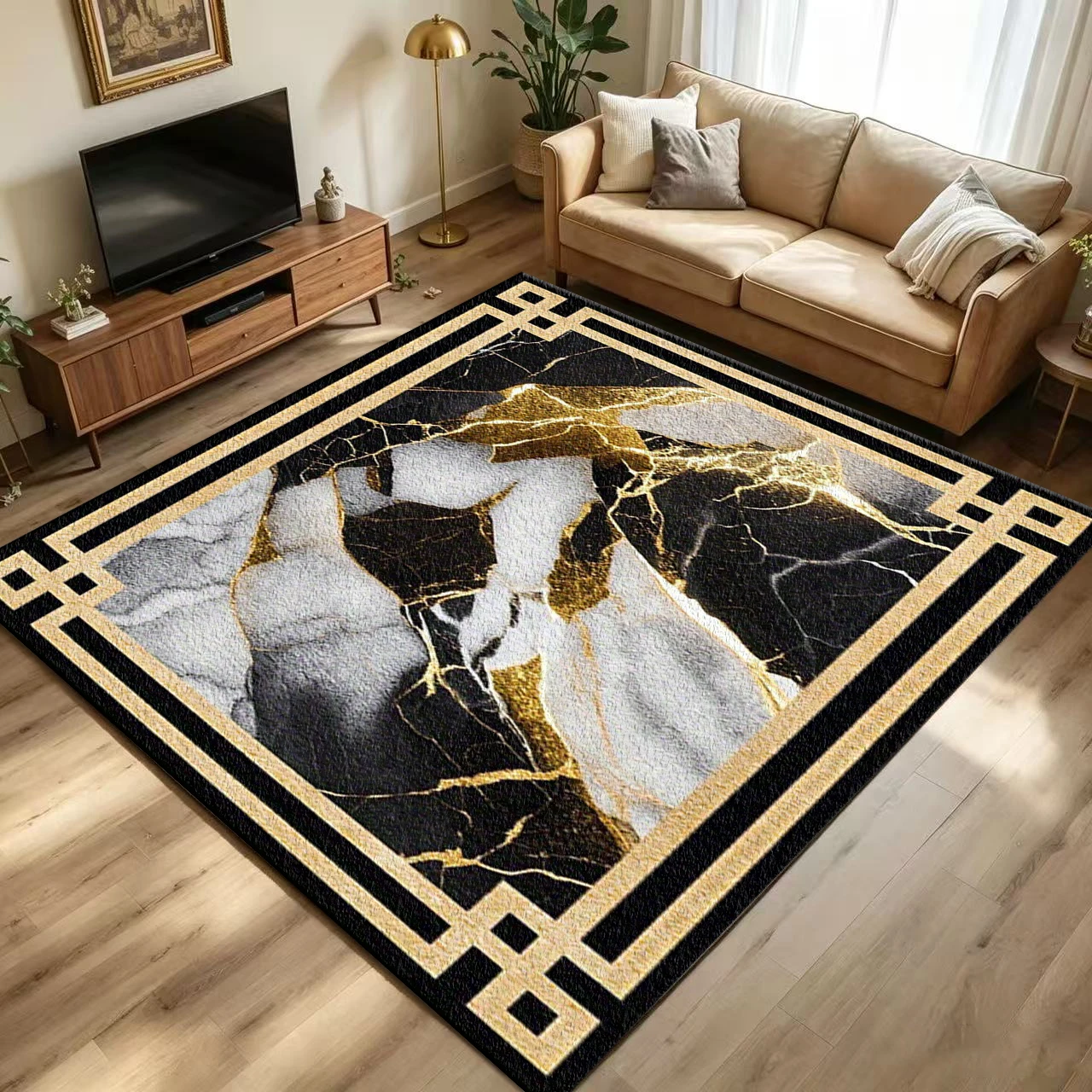Black and White Gold Marble Border Carpet, Non-Slip, Washable, Luxurious Modern Entryway and Living Room Carpet