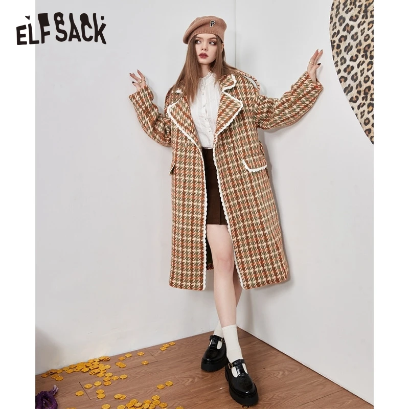 ELFSACK Tweed Elegant Wool Coats Women Winter Mid-length Coats