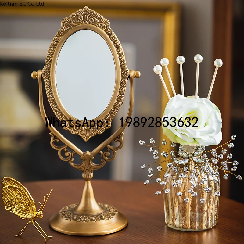 

x22ZFFrench retro carved home decoration makeup mirror European high-end light luxury brass bedroom desktop decoration