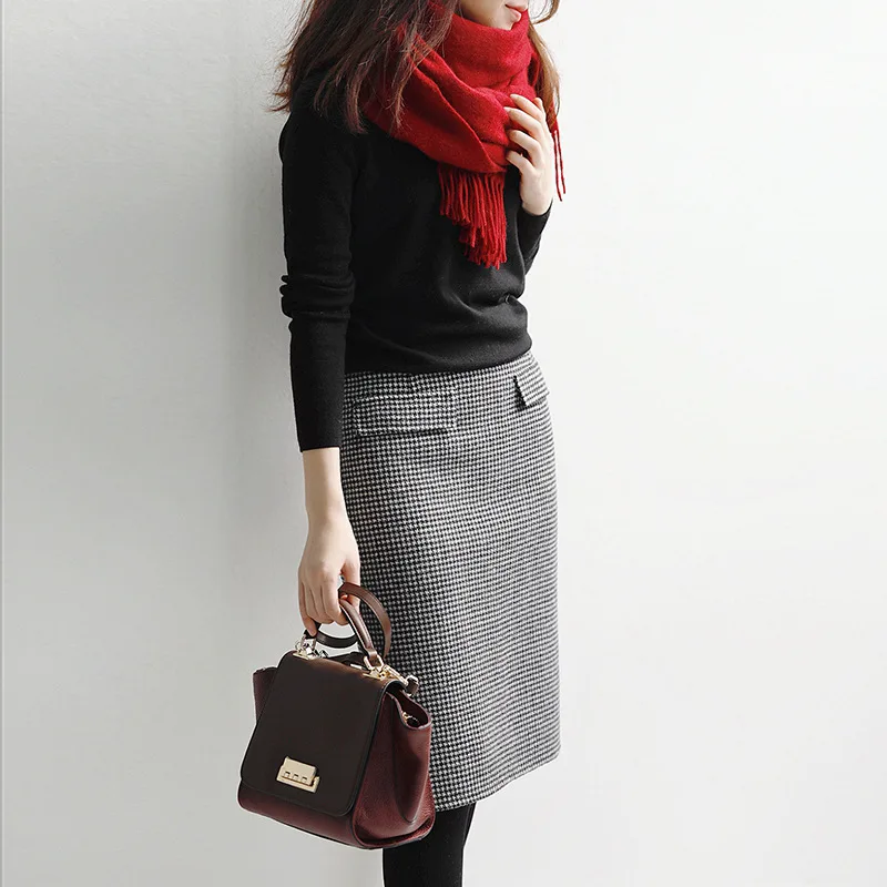 

Women High Waist Houndstooth Pencil Skirt Elegant Office Wear Slim Fit Plaid Knitted Midi Skirt Autumn/Winter Japanese Style