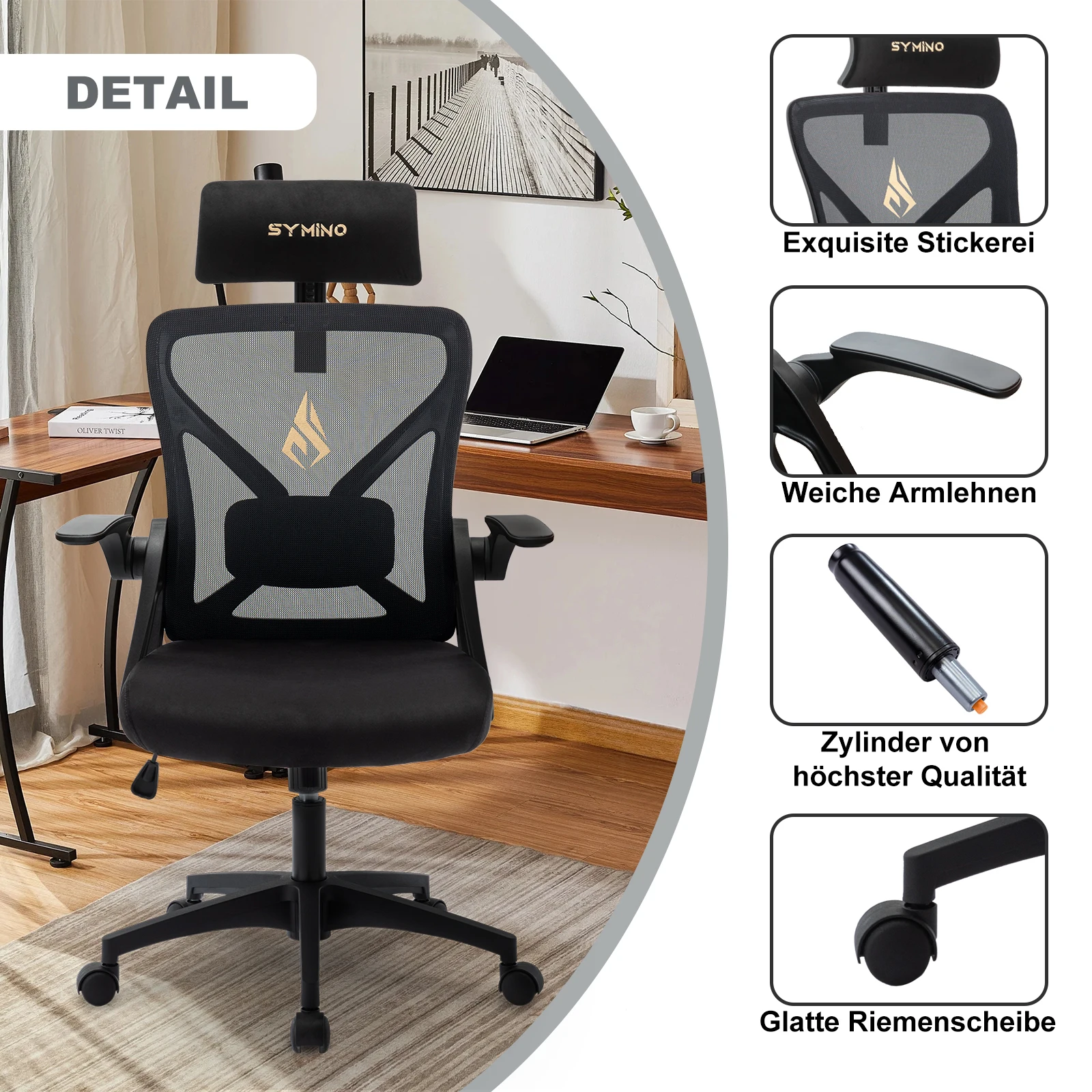 Symino-Chaise de Bureau Ergonomique avec Accoudoirs et Support Lombaire, Fonction à Bascule Rotative, Repose-Sauna Réglable