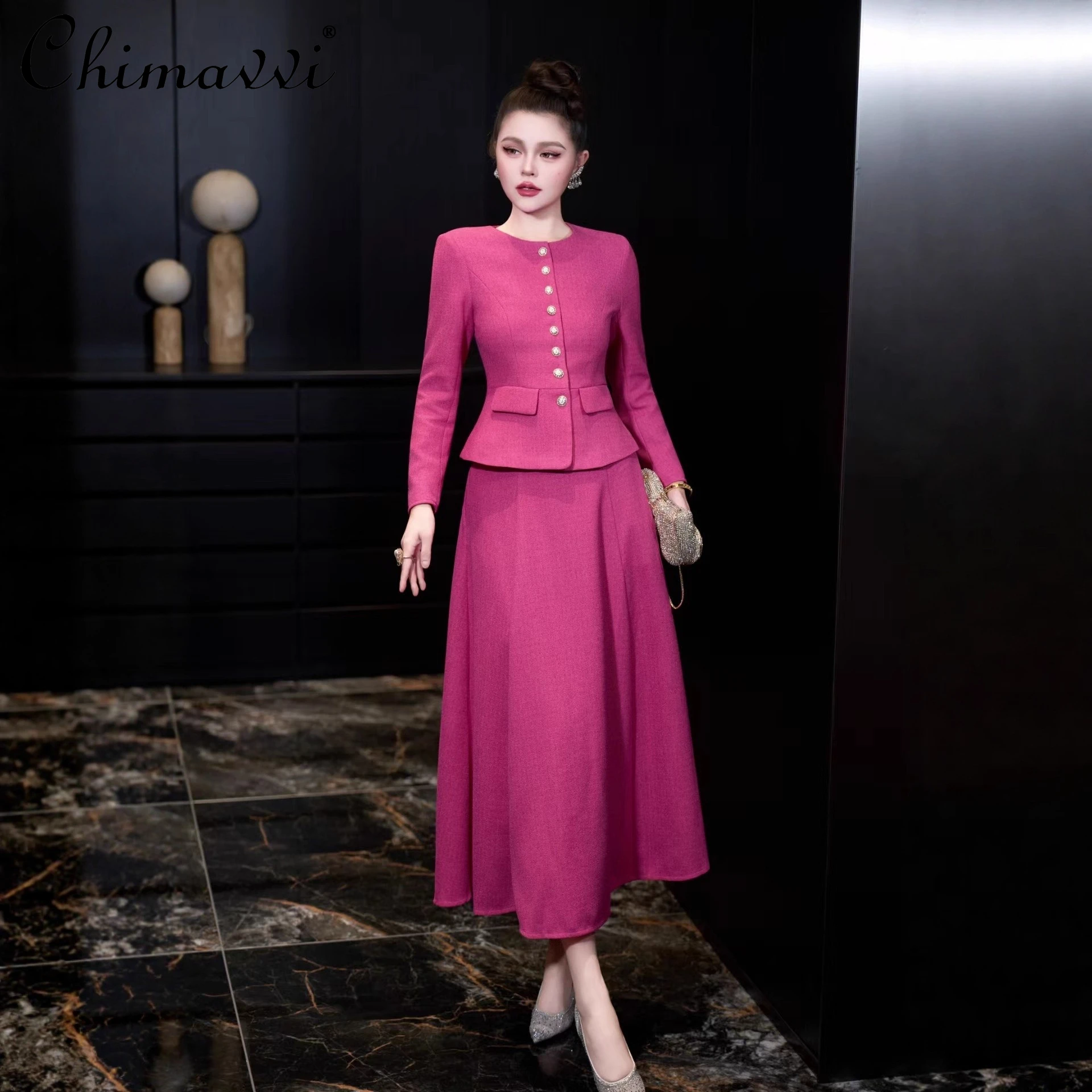 

Autumn Winter New High-end Outfits Spring Autumn New Fashion Long-sleeved Jacket High-waist Midi Skirt Women Two-piece Set