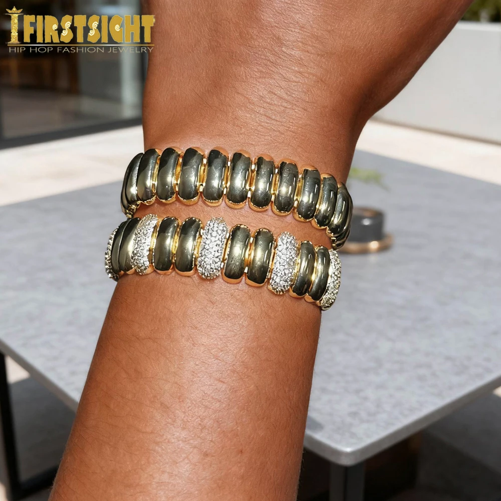 New Gold Color Chunky Stretchy Bracelet High Polished Shiny Paved CZ Curved Circle Geometric Adjusted Size Women Jewelry - view 5