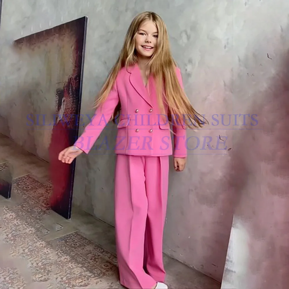 

Girls Clothes Elegant Double Breasted Notch Lapel 2 Piece Jacket Pants Outfits Customzied Solid Color Children Suits Blazer