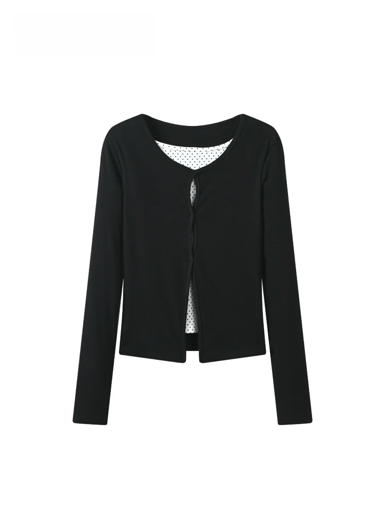 

Модный женский топ больших размеров с длинным рукавом и круглым вырезом, имитация двухслойности, для весеннего сезона, стройнящий силуэт.