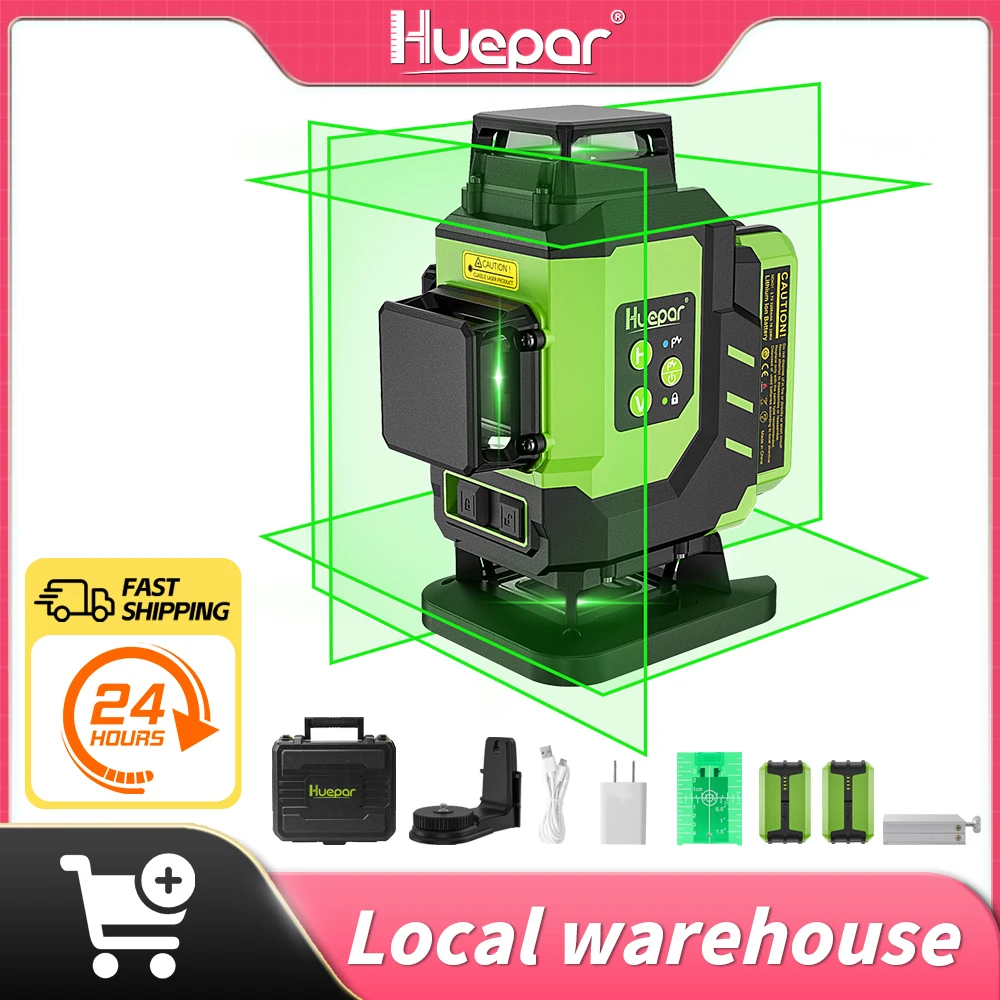 Huepar LS04CG 16 Lins 4D Laser Level with 360° Lines with Top & Floor Line Laser with Two Li-ion Batteries and Carry Case