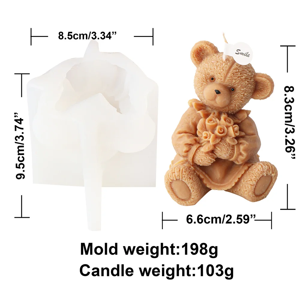 3D Flower Teddy Bear Candle Mold DIY Baby Bear Pomeranian Puppy Silicone Fondant Soap Making Mold for Cake Baking Topper Decor