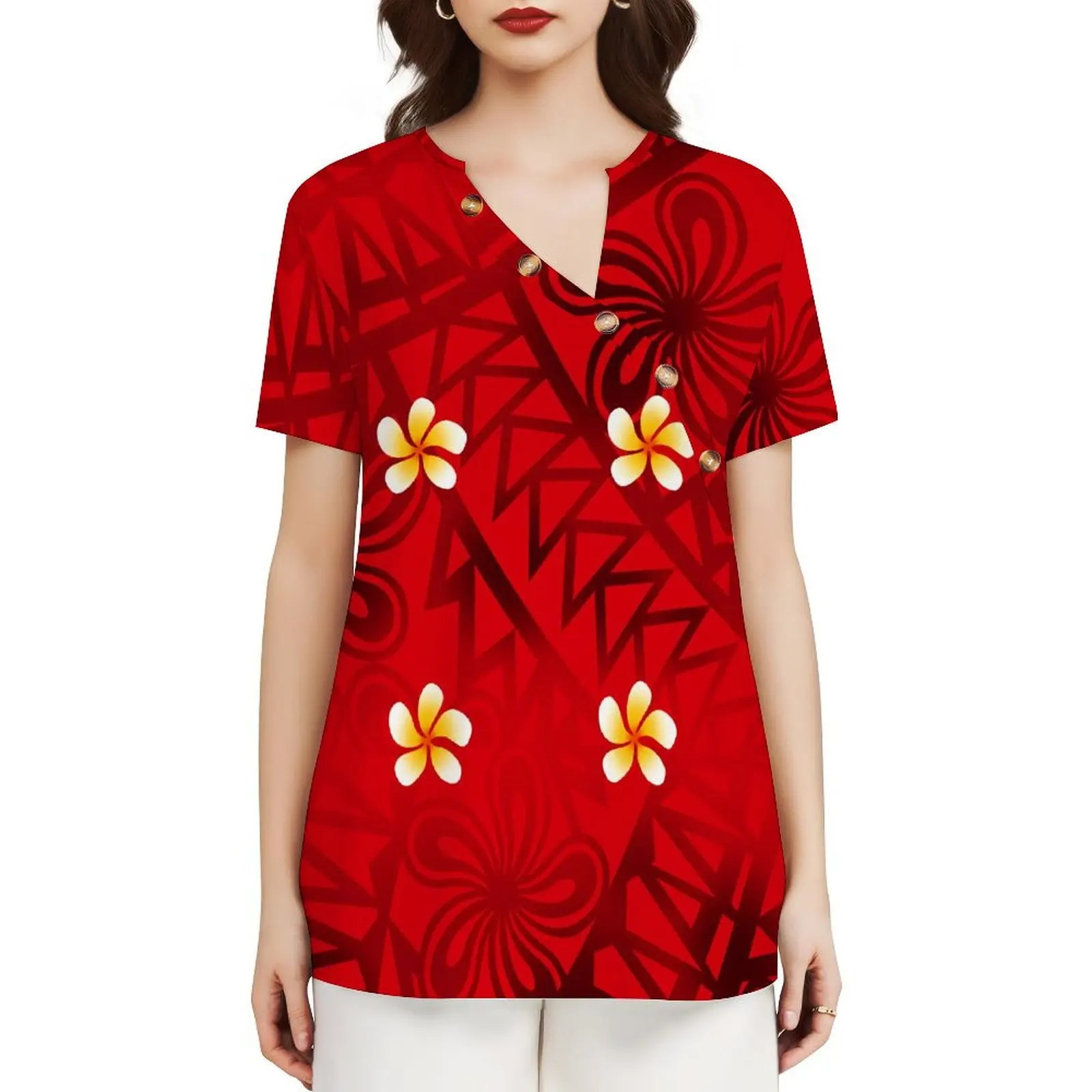 Chinese Style Diagonal Collar Button Design Short Sleeve Samoan Fijian Art Print Custom High Quality Polynesian Ladies Dress