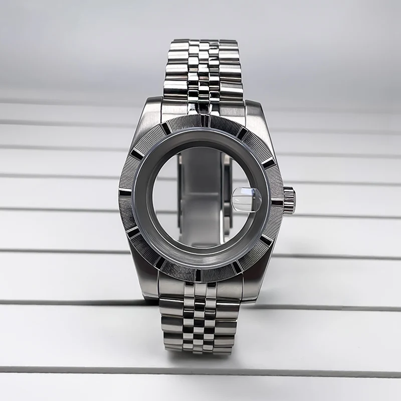 39mm NH35 Case  Stainless Steel Watch Case with Sapphire Glass Striped Bezel for NH35 NH36 Movement SK Mod Replacement Parts