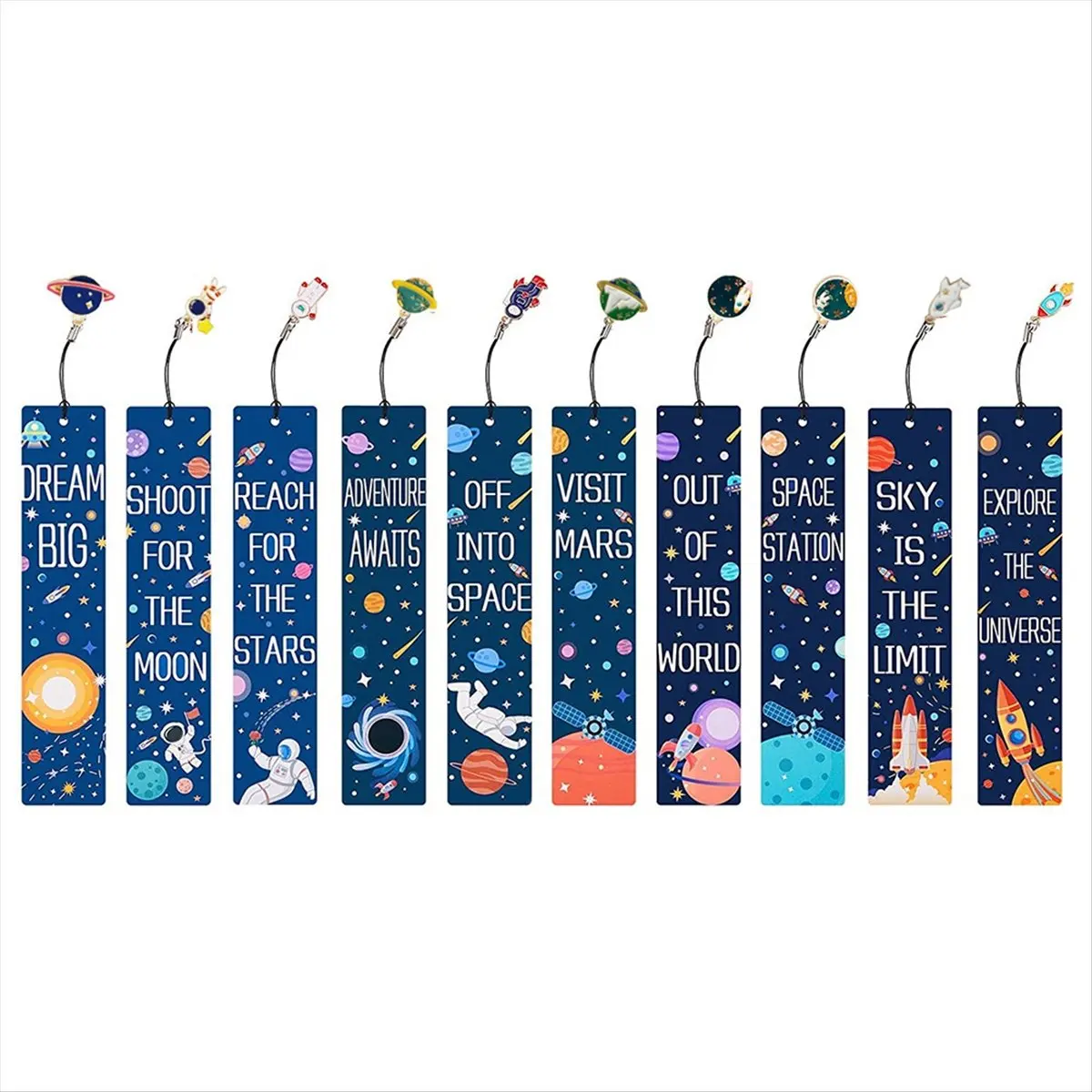 ABNH 10PCS Space Ship Theme Bookmarks with Metal Charms Planet Inspirational Quotes Cards for Kids Boys Girls
