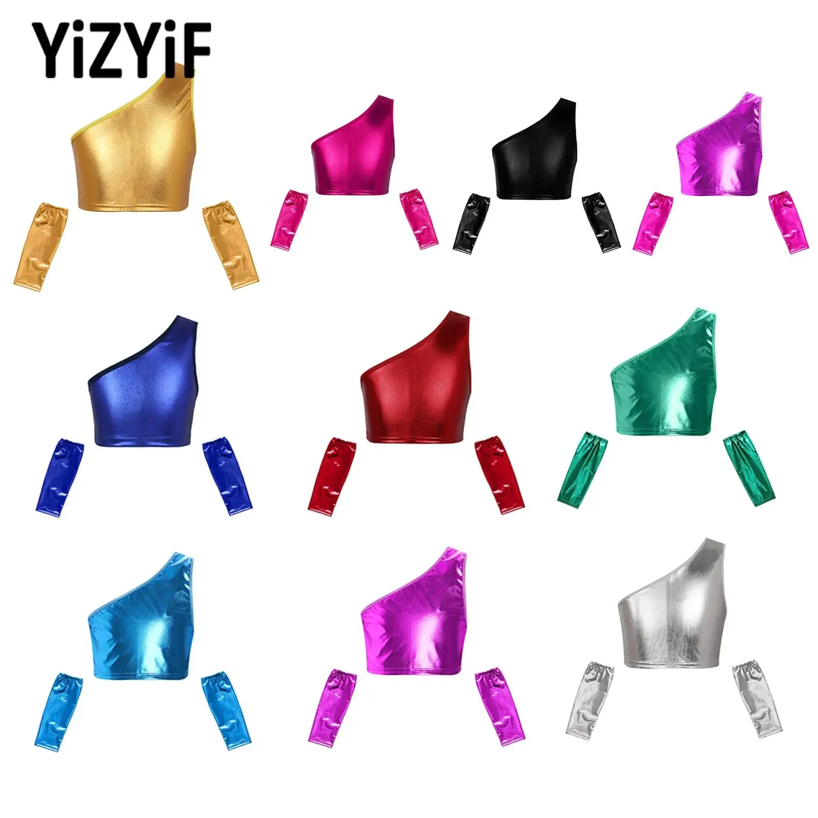 

Girls Hip Hop Set Jazz Dance Outfit Performance Clothes Suit One Shoulder Sleeveless Metallic Cropped Vest with Shiny Gloves