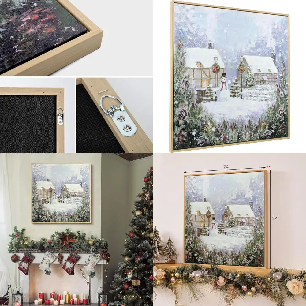 24x24 Inch Traditional Christmas Canvas Art - Snowy Winter Snowman Scene for Home Decor