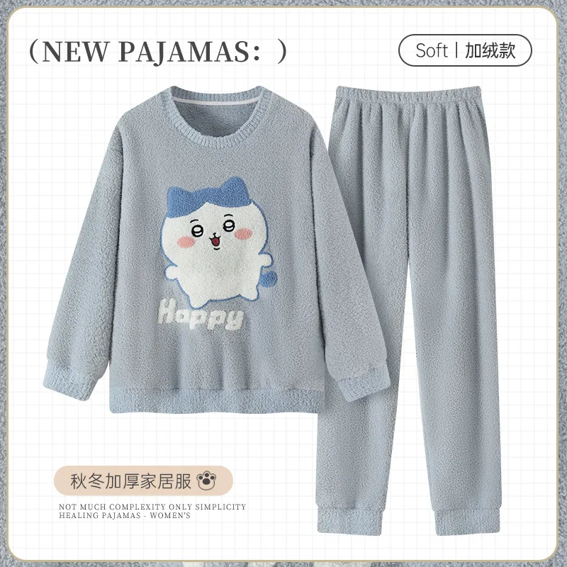 بدلة بيجامات شتوية للسيدات من الفلانيل على شكل رسوم كرتونية من Chiikawa ملابس منزلية سميكة ودافئة ملابس صالة للفتيات