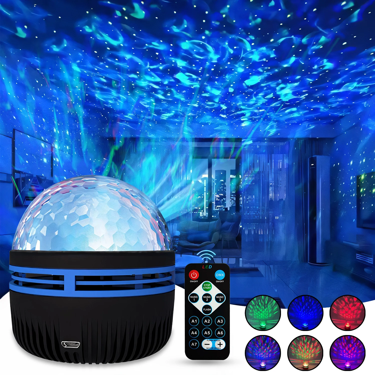 RGB Color Changing Water Wave Projection Lamp USB Powered 5V Remote Control Auto Flowing Sound Sensor Night Light For Festival Room Decoration