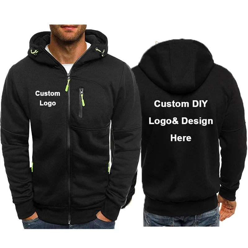 Jaqueta masculina com capuz e zíper, com bolsos, logotipo personalizado com imagem e texto, roupa casual esportiva, cardigan masculino de lã, moda.