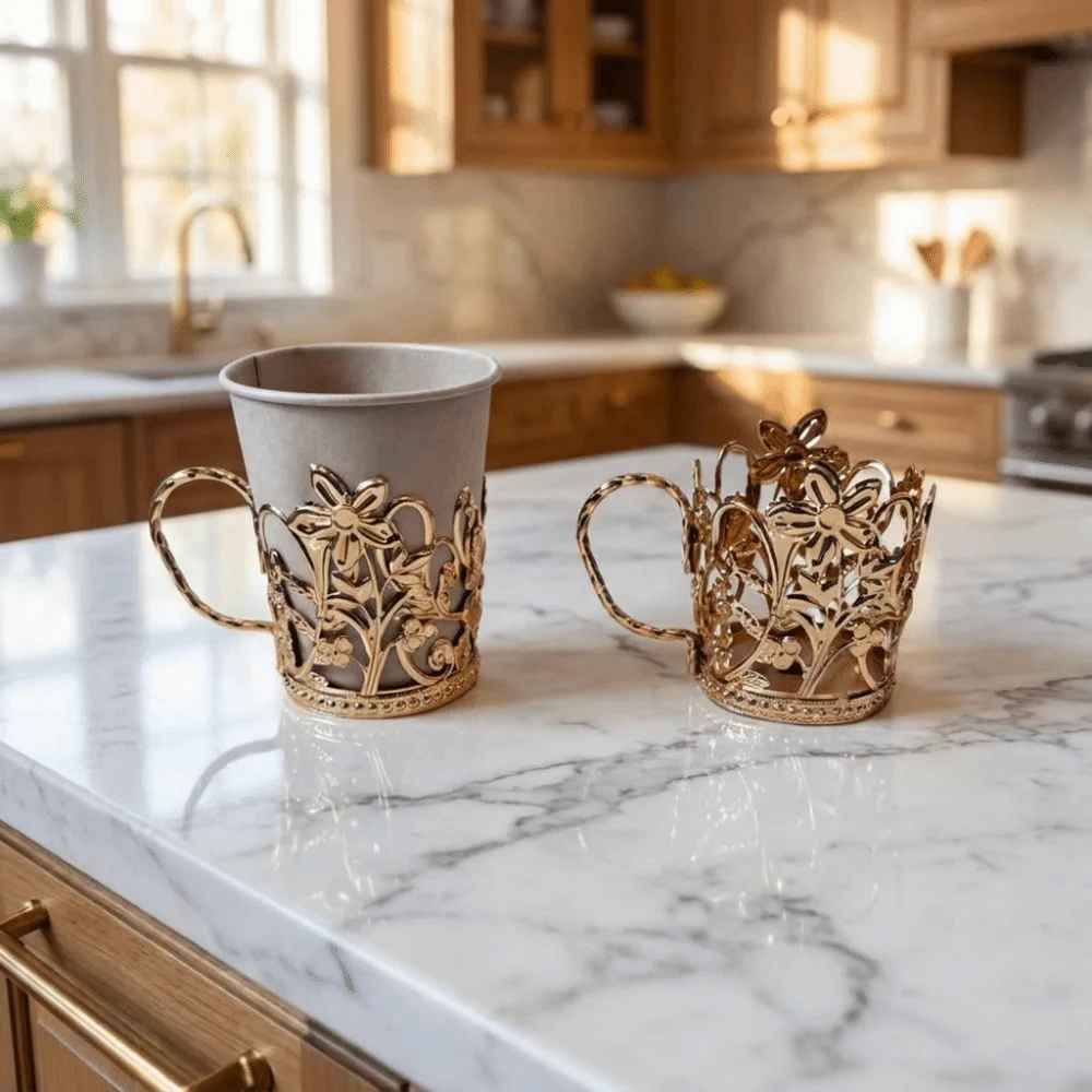 Golden Floral-Shaped Anti Scalding Cup Holder Portable Multi-functional Disposable Cup Insulator Luxury Reusable