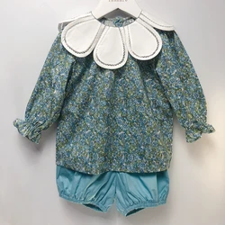 New Summer Petal Collar 2Pcs Girls Set Floral Print Long-Sleeved Top Blue Shorts Pure Cotton Casual Outfit Clothing Comfortable