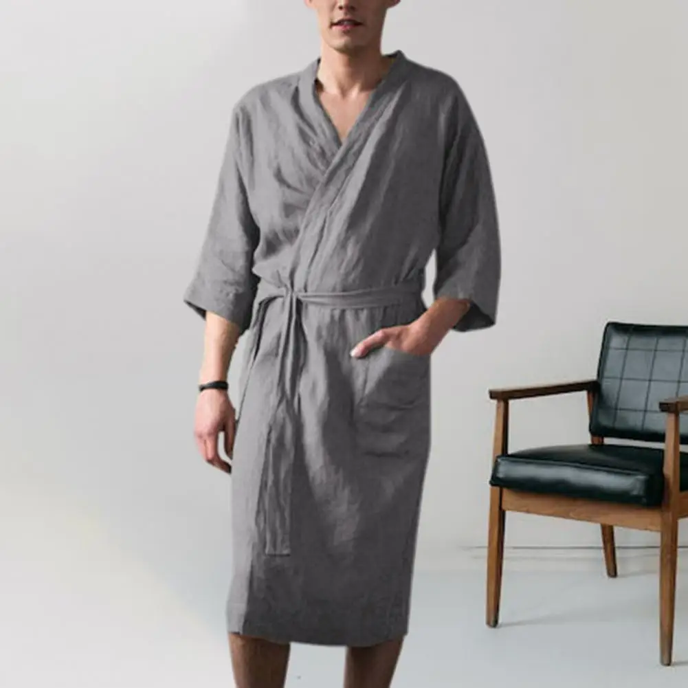 Men Nightgown Men Bath Robe Soft Water Absorption Lace Up Cardigan Sleepwear Three Quarter Sleeves Loose Men Bathrobe Nightgown