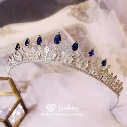 CC Luxury Crown Women Accessory Wedding Headpiece Engagement Hair Ornaments Bridal Dress Water Drop Shape Blue Color Tiara FO70