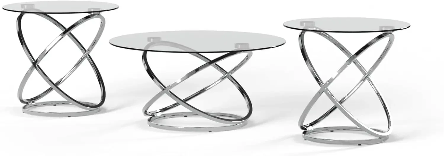 

Современный круглый комплект из 3-х столиков Hollynyx, включает журнальный столик и 2 приставных столика, хромированный.