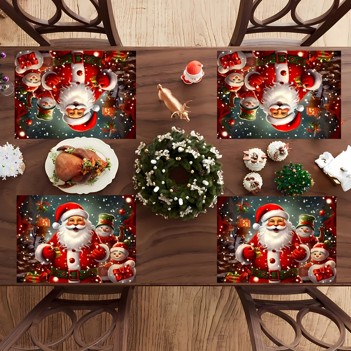 VIKAMA 4-Piece Santa Claus Snowman Placemat Set Family Gatherings Christmas Parties Holiday Table Decor