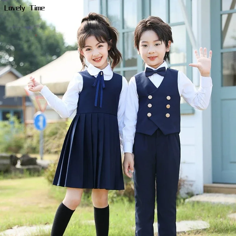 

Boys School Uniform Vest Shirt Pant Girls Waistcoat Dress Kids British Japanese Clothes Sets Children Spring Students Outfits