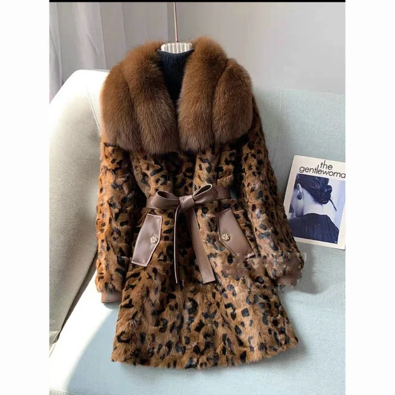 

Новое пальто с леопардовым принтом, стильный воротник из искусственного лисьего меха, модное пальто, шерстяная хлопковая куртка, искусственный мех богини, интегрированный хлопок