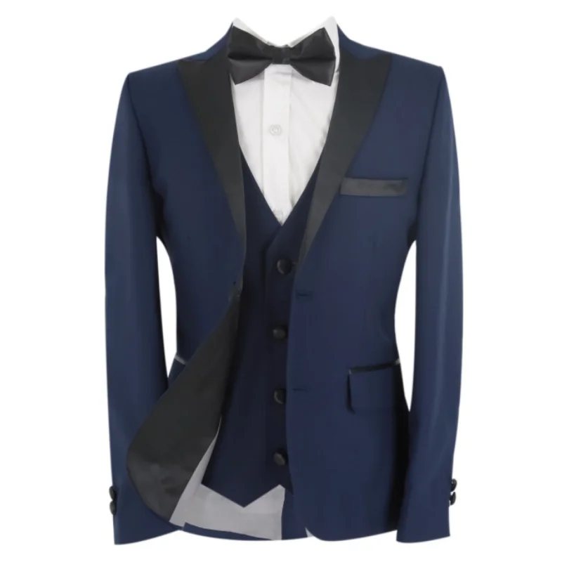 

Men Suit 3 Pieces Navy Blue With Black Lapel Slim Business Casual For Wedding Groom Tuxedo Work Tuxedo Set Jacket Vest And Pants