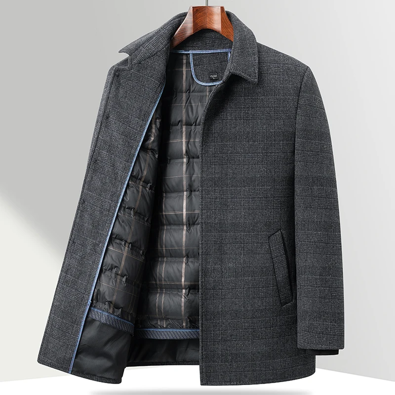 Business Casual 2024 Winter Men's Plaid Duck Down Liner Woolen Coats Outwear Loose Warm Overcoat Thicken Wool Jacket Windbreaker