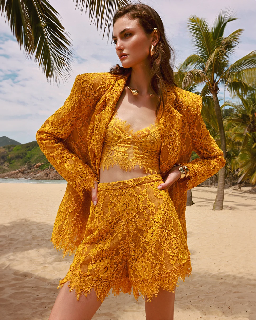 

High End Fashion Women Yellow Outfits Lace Bustier Shorts And Blazer 3 Pieces Sets Celebrity Evening Club Party Dresses