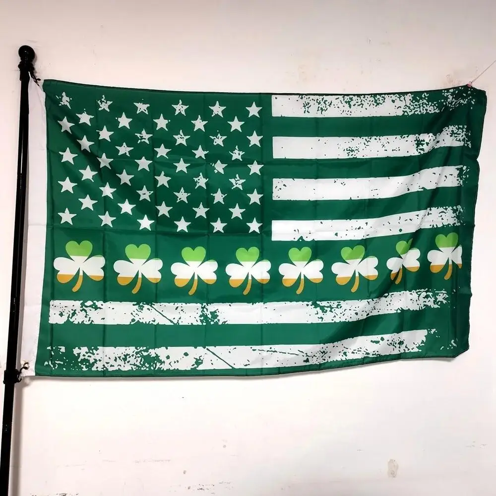 American-Irish Inspired Flag Banner Durable Polyester Material Vibrant Green Finish with Clover Design for Indoor Outdoor Use