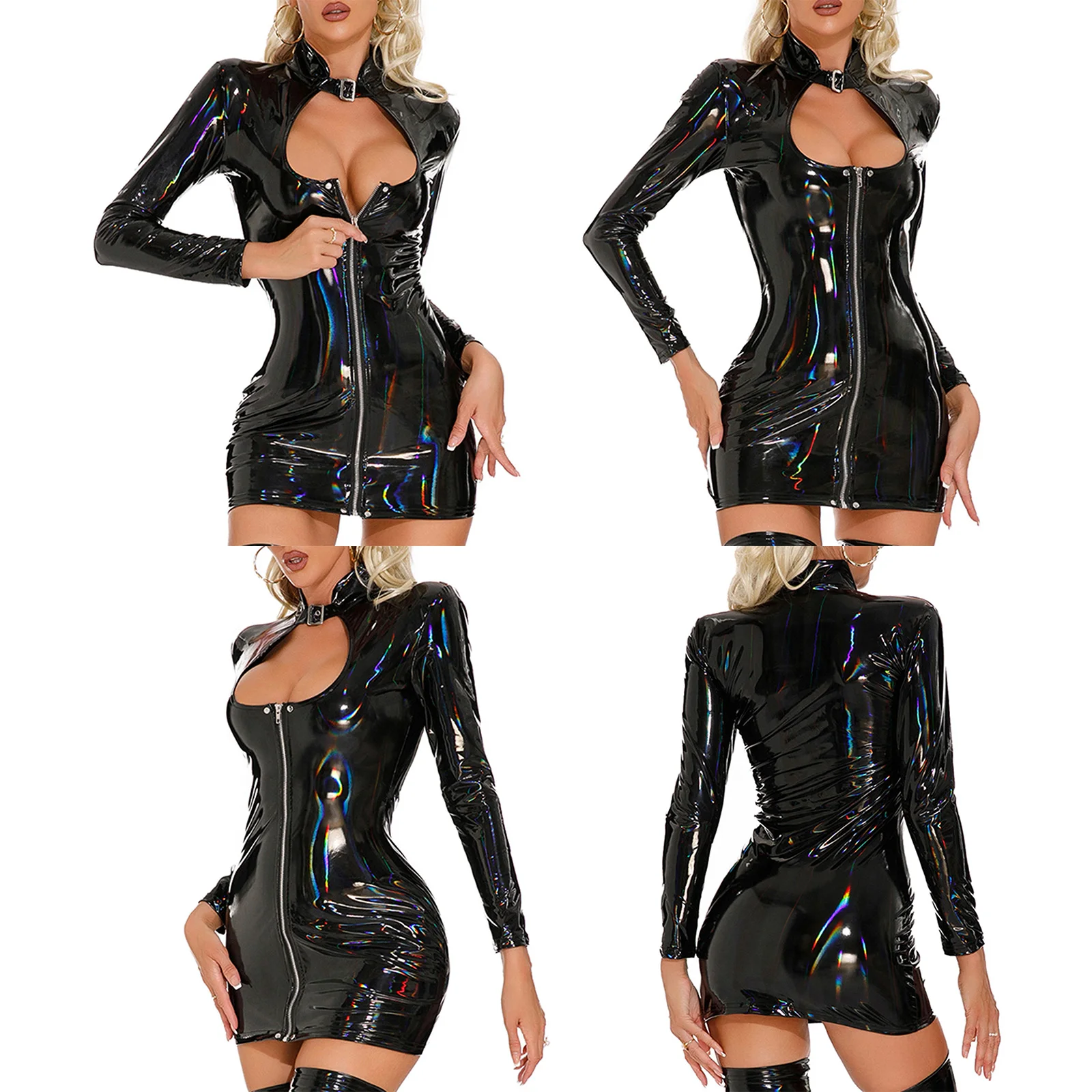 Womens Nightclub Latex Dress Front Zipper Bunny Party Catsuit Costume Patent Leather Bodycon Mini Dress Glossy Wet Look Clubwear