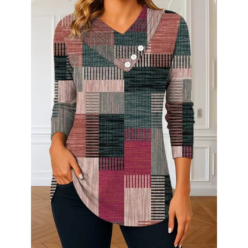 Women's Patchwork Print 3/4 Sleeve V-Neck Blouse Asymmetrical Hem Multi-Color Options