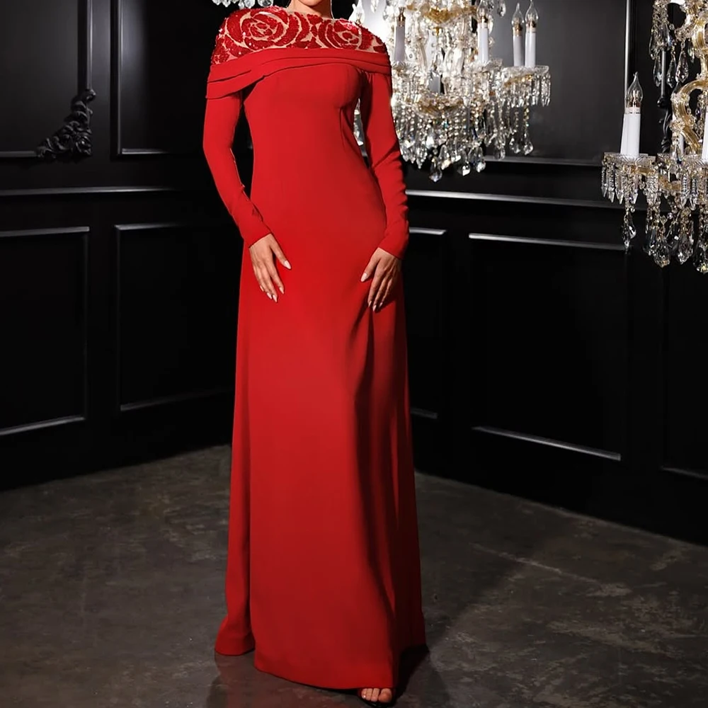 

Customized A-line Evening Dresses Floor-length O-neck Full Sleeve Prom Gown Fashion Sequined Pleat Simple Draped Party Gown