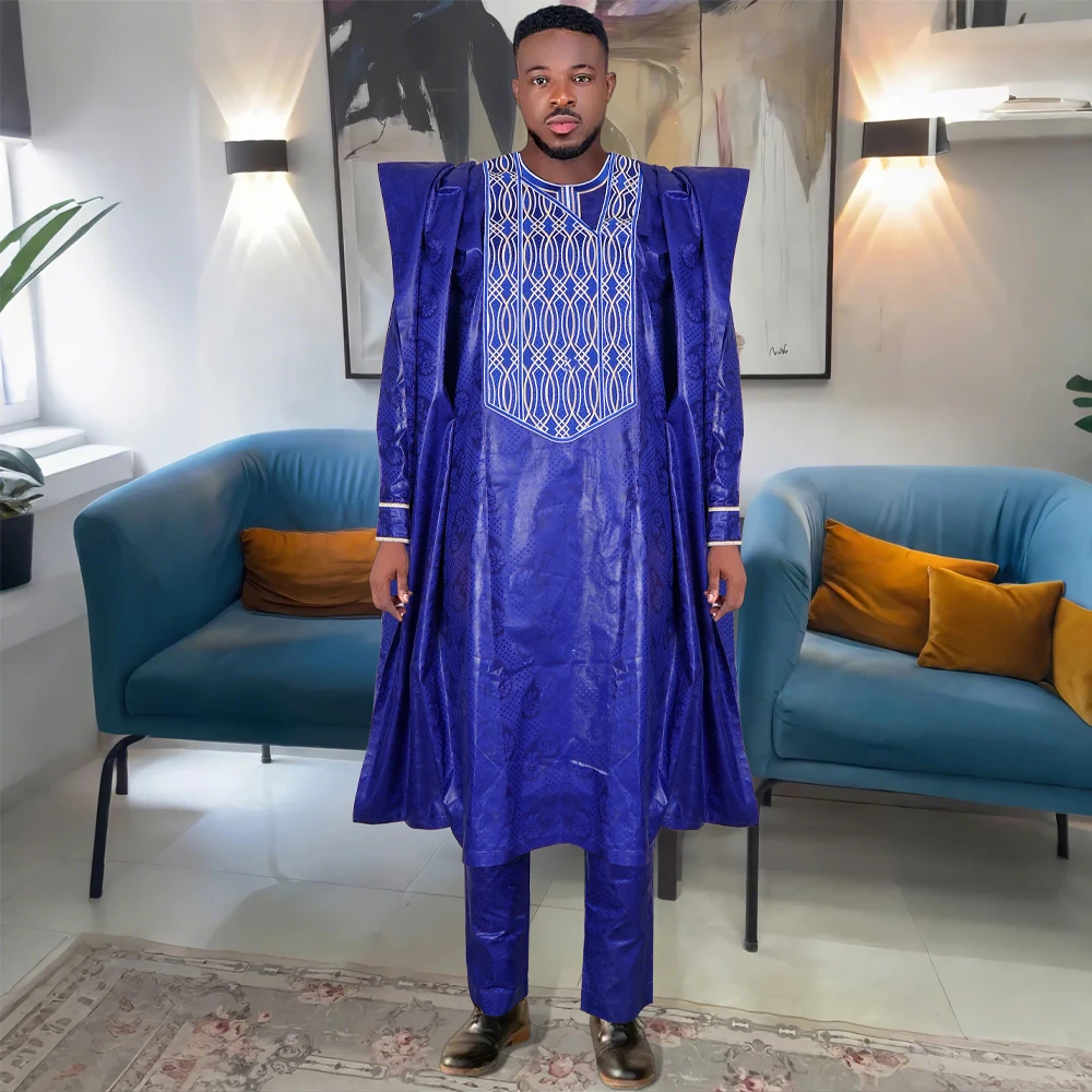 

H&D South African Traditional Wear Formal Attire Bazin Riche Dashiki Blue Shirt Pants Robe Suit Agbada Men's wedding party 2024