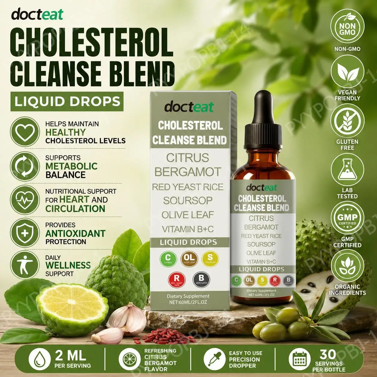Docteat Cholesterol Cleanse Blend Liquid Drops Citrus Bergamot Supports Metabolic Balance with Vitamin C and B2, Dropper 60 ML