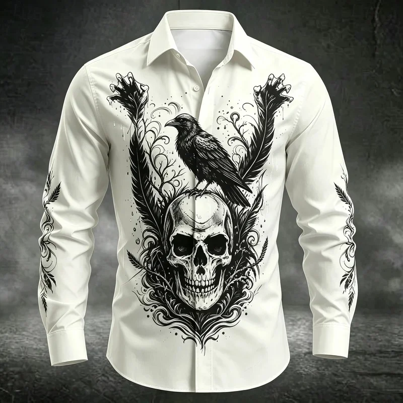 Men's Raven Feather Skull Dark Tattoo Style Print Long Sleeve Shirt Lapel Button Tops For Halloween Gothic Street Casual Wear