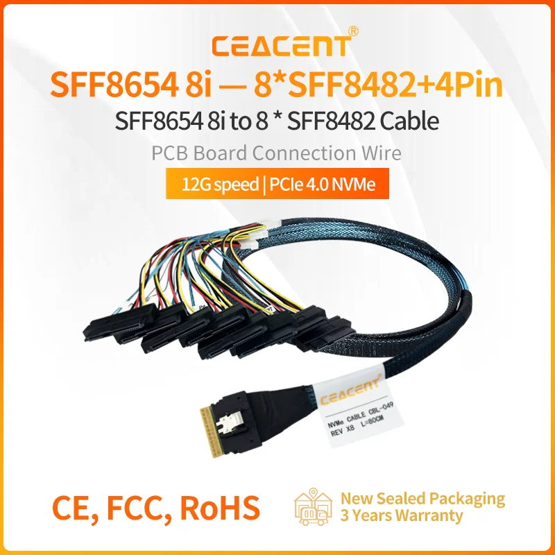 

x8 Slim SAS SFF8654 to 8 Mini SFF8482 Cable NVMe PCIe 4.0 80CM Length w/ 20CM Power_Line Large 4Pin