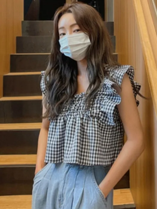 

Plaid Short Sleeve Women's Shirt Summer New Casual Versatile Slimming Fly Sleeve Square Collar Anti-Aging Overhead Blouse
