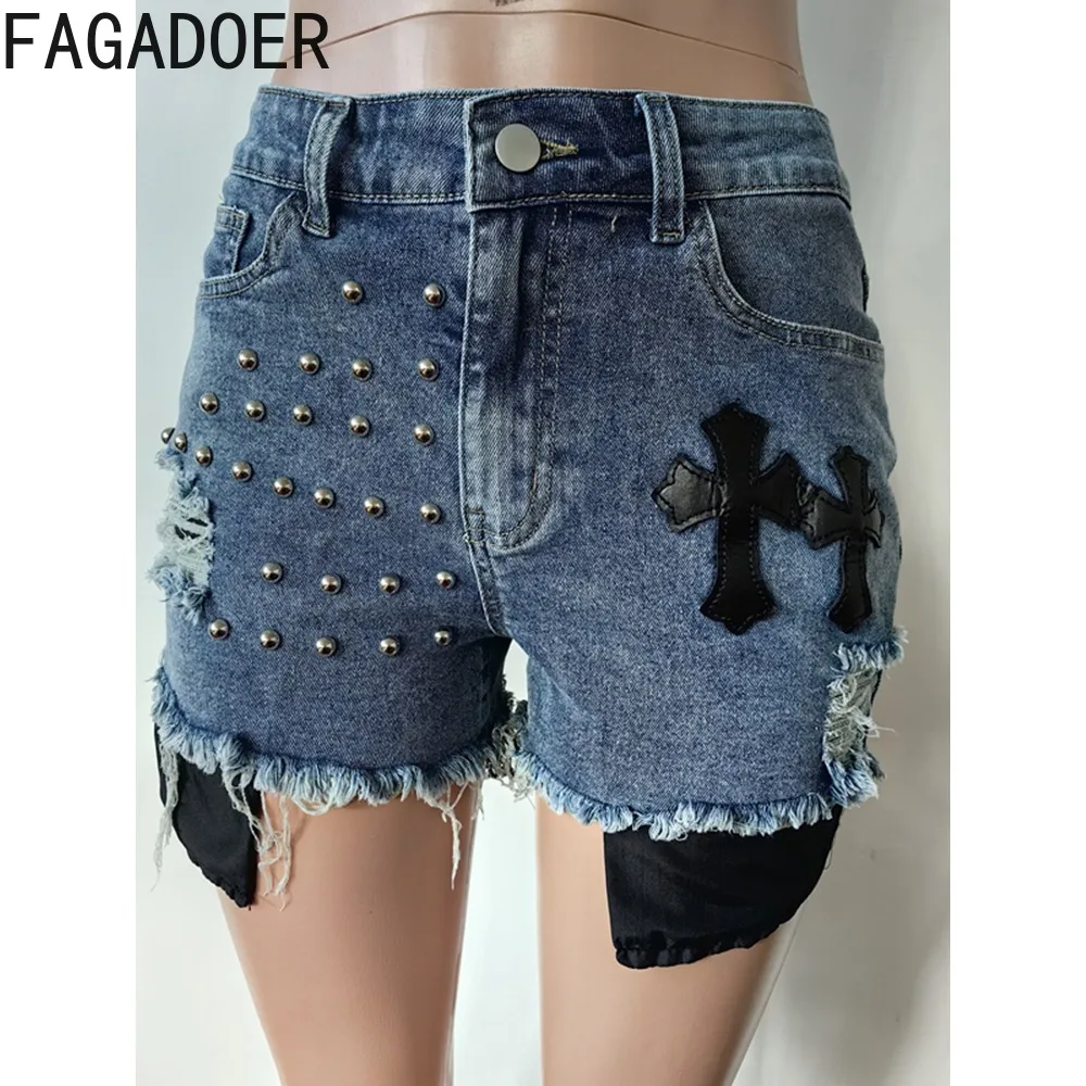 FAGADOER-pantalones cortos de mezclilla Vintage para mujer, Shorts informales con agujeros, de cintura alta, con cuentas y botones, Color sólido, 2024