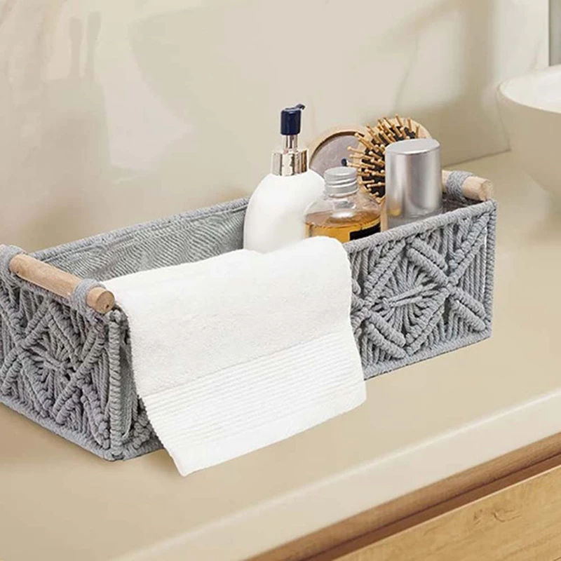 Macrame Storage Basket Boho Decor Baskets For Organizing Woven Decorative Basket For Countertop Toilet Paper Basket