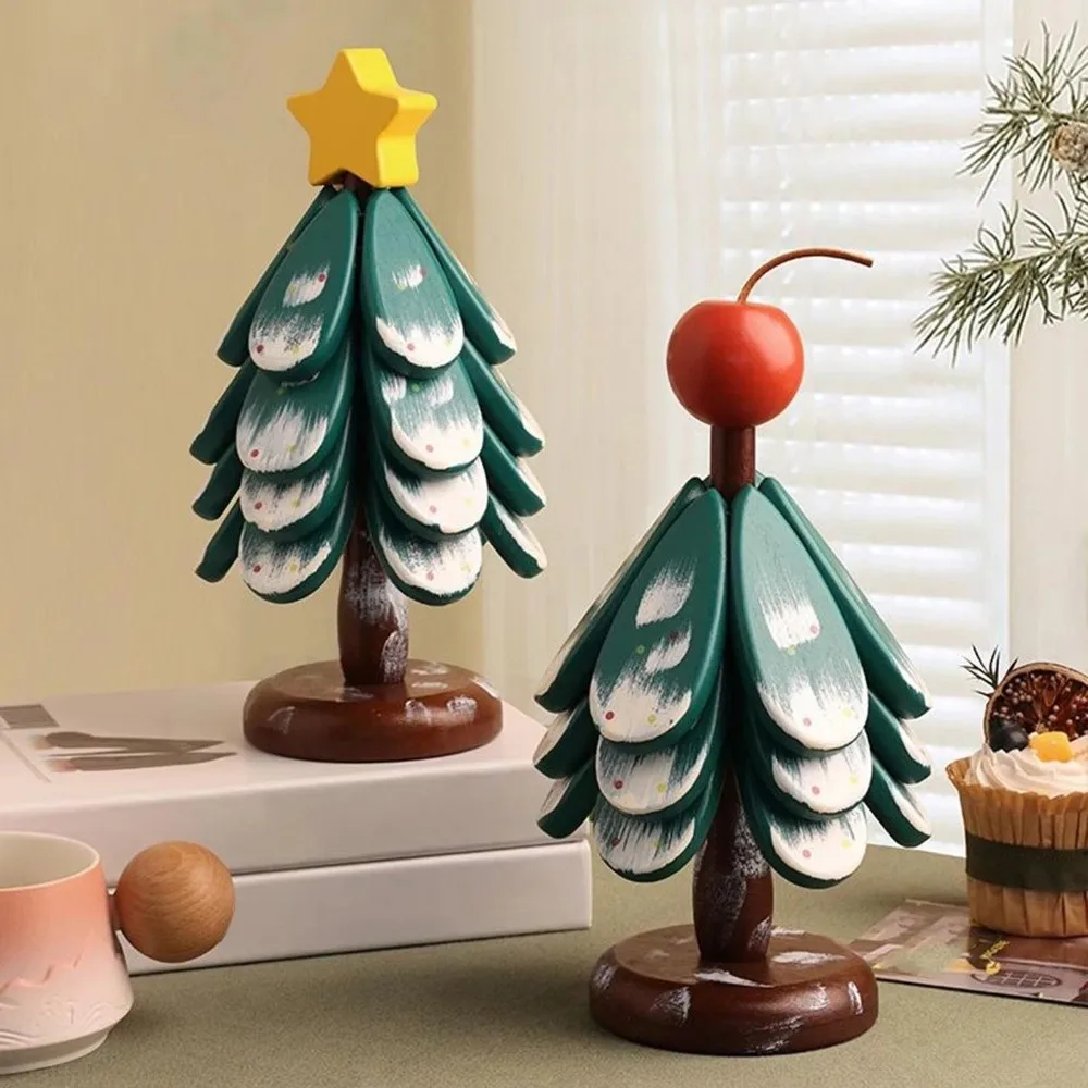 

Solid Wood Christmas Tree Coasters Non-Slip Base High Temperature Resistant Dish Mats Foldable Kitchen Drinks Holder Kitchen Use