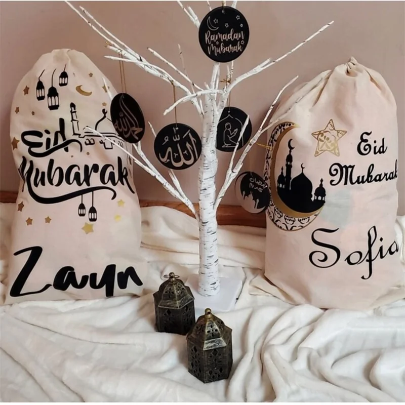 ถุงกระสอบอิสลาม Eid Mubarak สำหรับเป็นของขวัญแบบกำหนดเอง tas anak perempuan สำหรับเด็กผู้ชายและครอบครัวเครื่องประดับโต๊ะต้นไม้ kareem Al fitr
